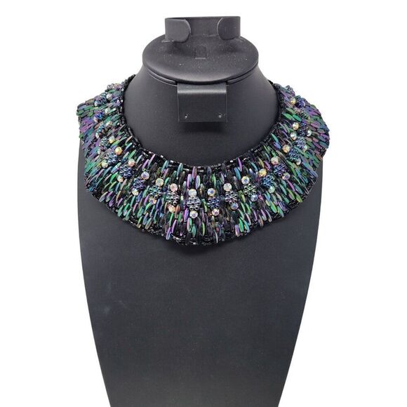 Vintage Handcrafted AB Oil Slick‎ Beaded Statement Bib Collar Necklace Cleopatra - Picture 2 of 11